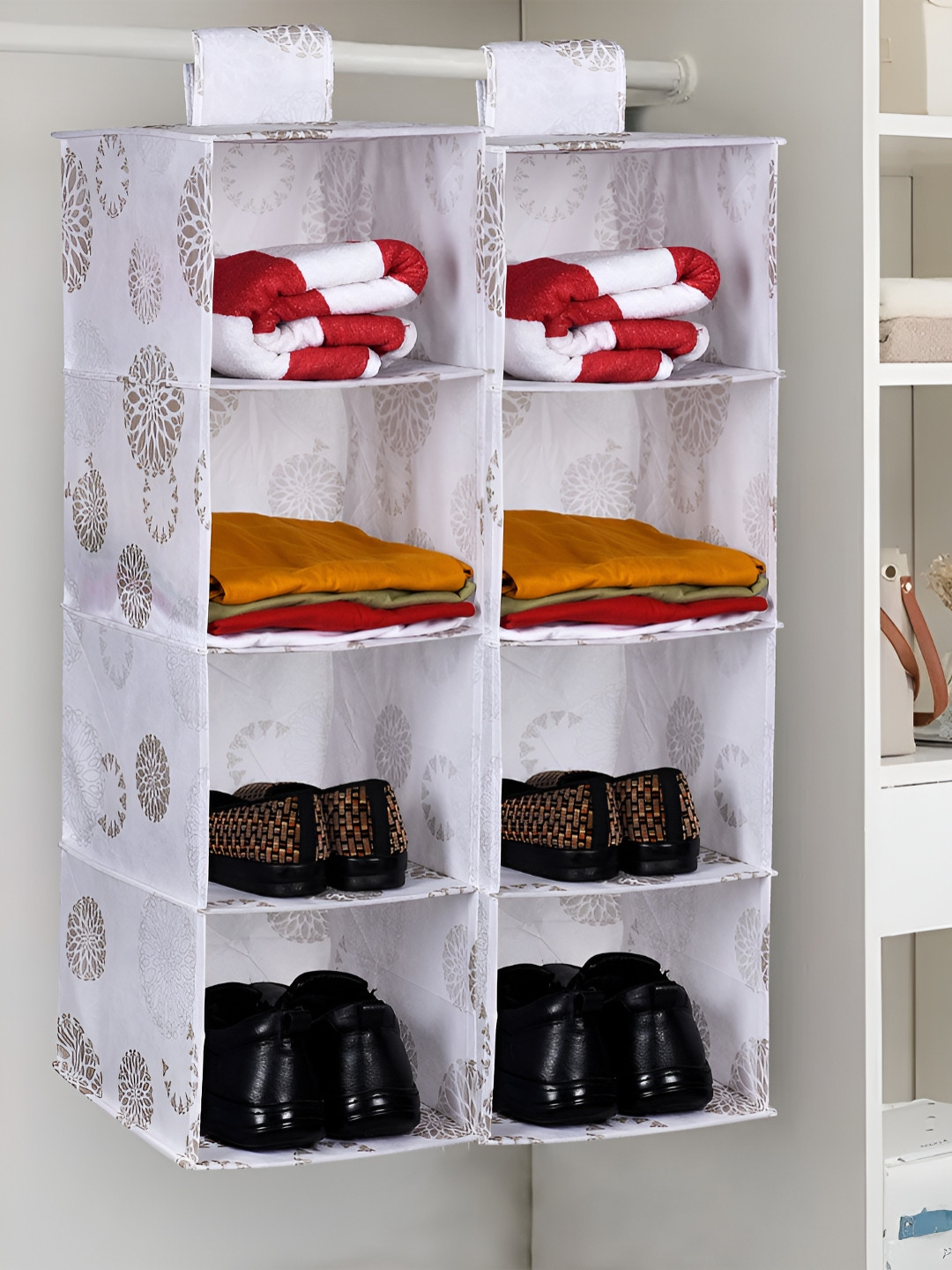 Kuber Industries White 2 Pieces Printed 4-Tier Hanging Shoe Rack with Velcro