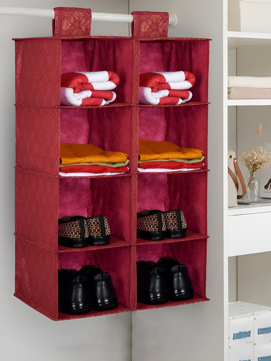 Kuber Industries Maroon 2 Pieces 4-Shelf Hanging Shoe Rack with Velcro