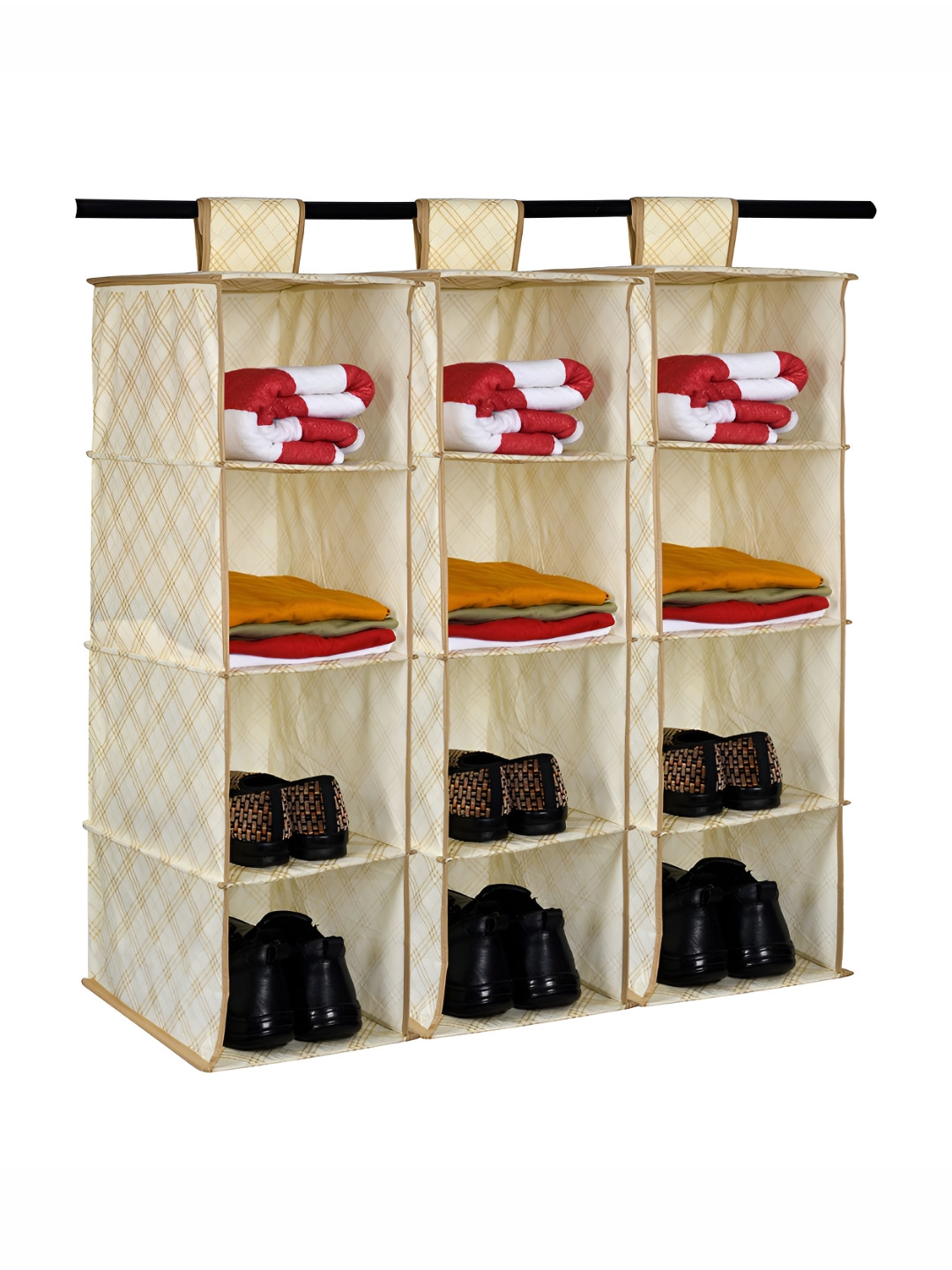 Kuber Industries Cream Colored 3 Pieces Textured Shelf Shoe Rack