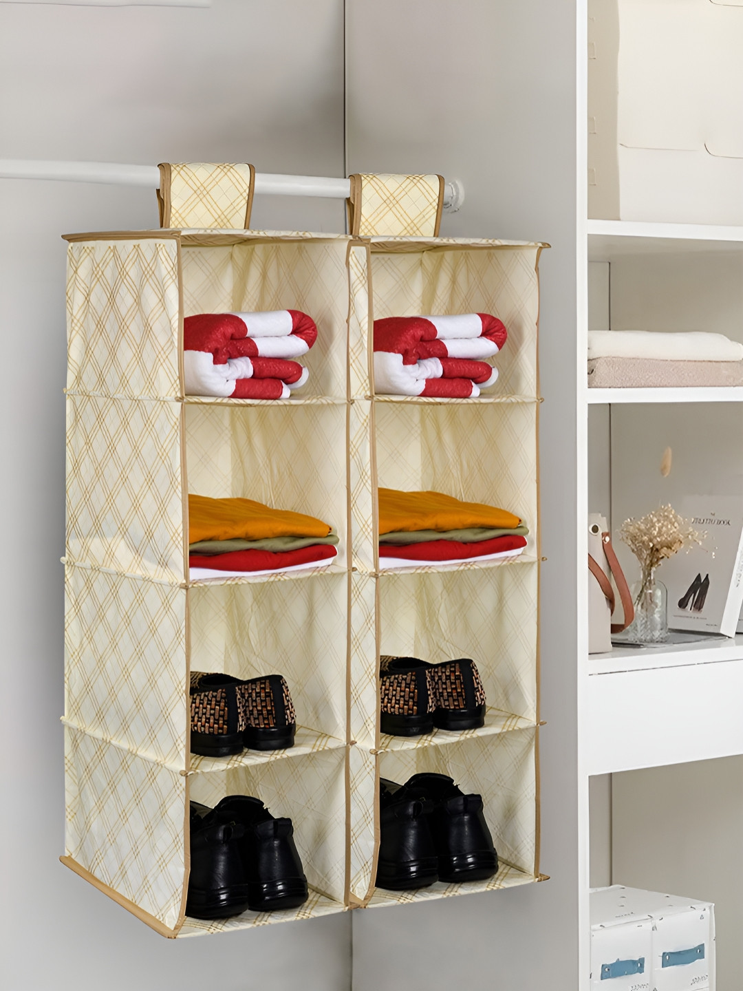 Kuber Industries Cream-Coloured 2 Pieces Printed 4 Shelf Shoe Rack