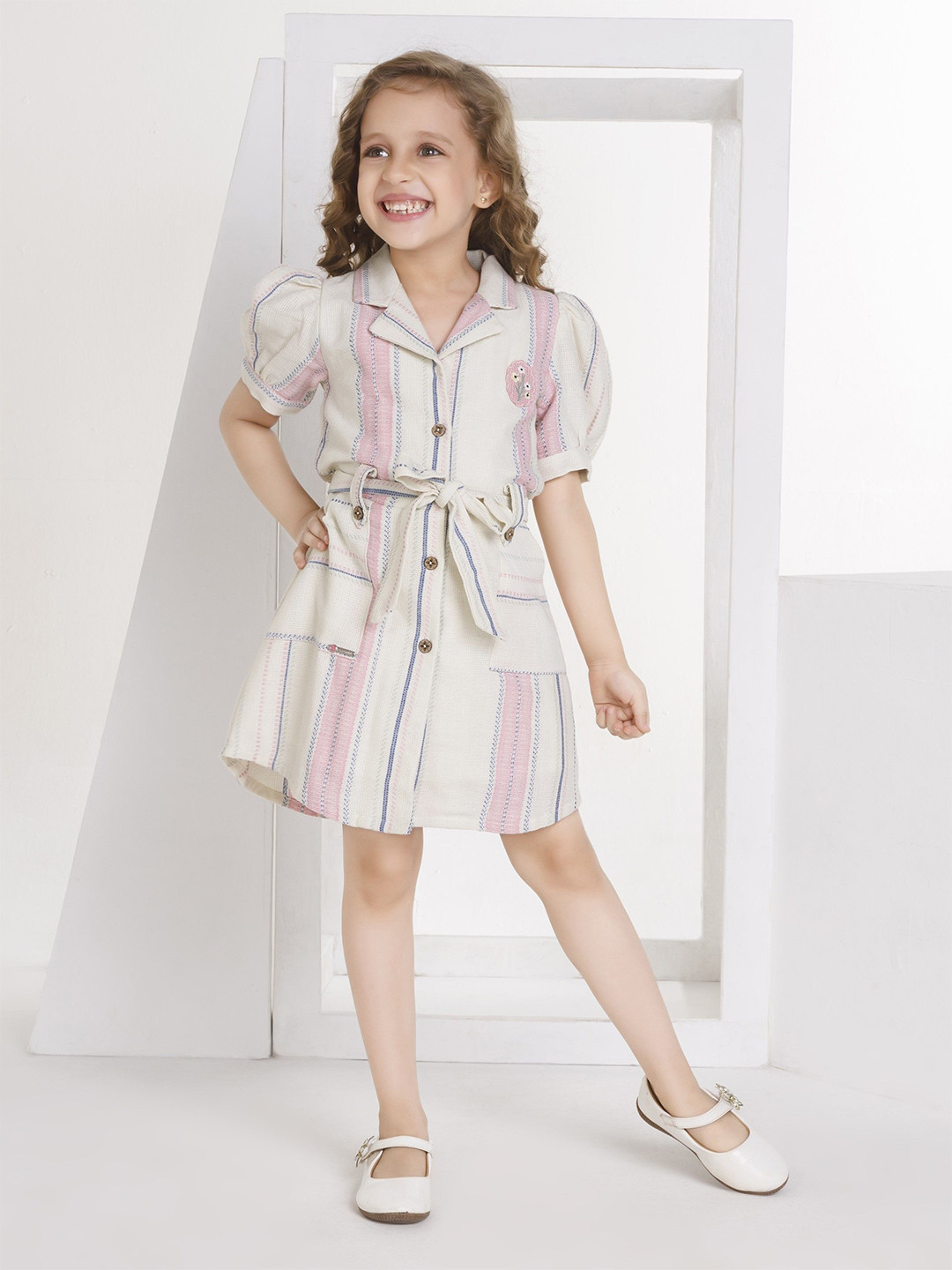 Peppermint Striped Puff Sleeves Shirt Dress