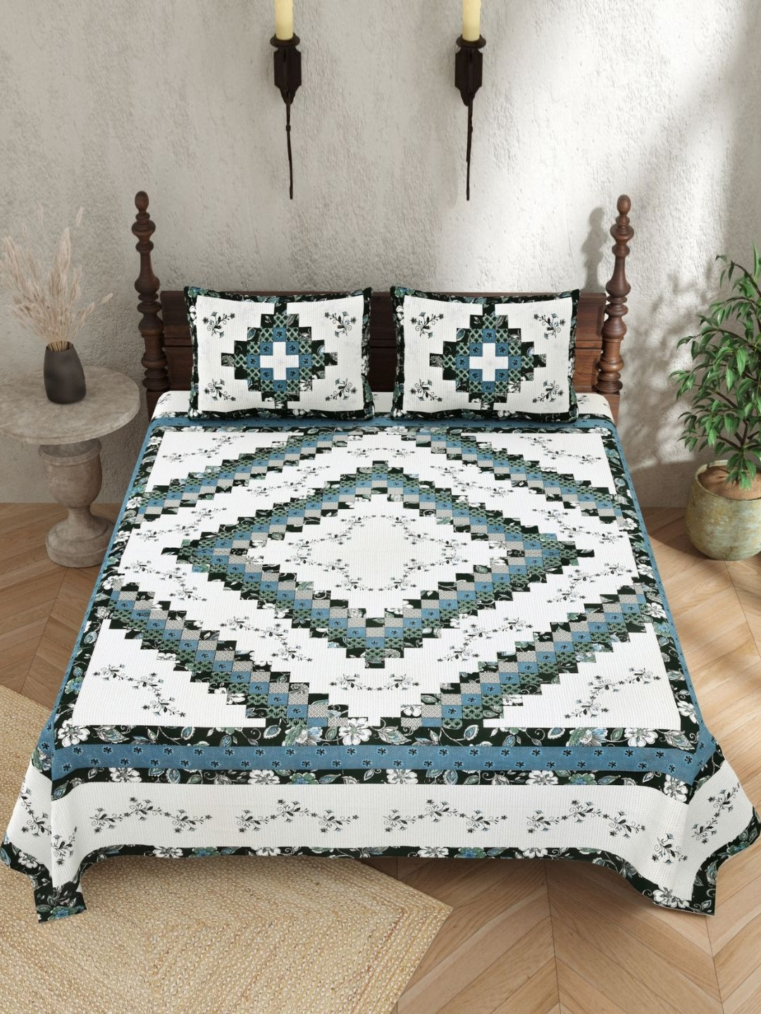 JAIPUR PRIME Rajasthani White Geometric Pure Cotton 210 TC King Superfine Bedsheet with 2 Pillow Covers-108 x 90 inches