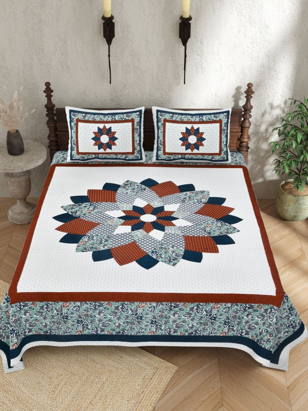 JAIPUR PRIME Rajasthani White Ethnic Motifs Pure Cotton 210 TC King Superfine Bedsheet with 2 Pillow Covers-108 x 90 inches