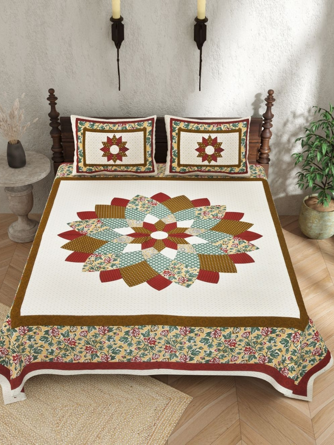 JAIPUR PRIME Rajasthani White Floral Pure Cotton 210 TC Double Superfine Bedsheet with 2 Pillow Covers-108 x 90 inches
