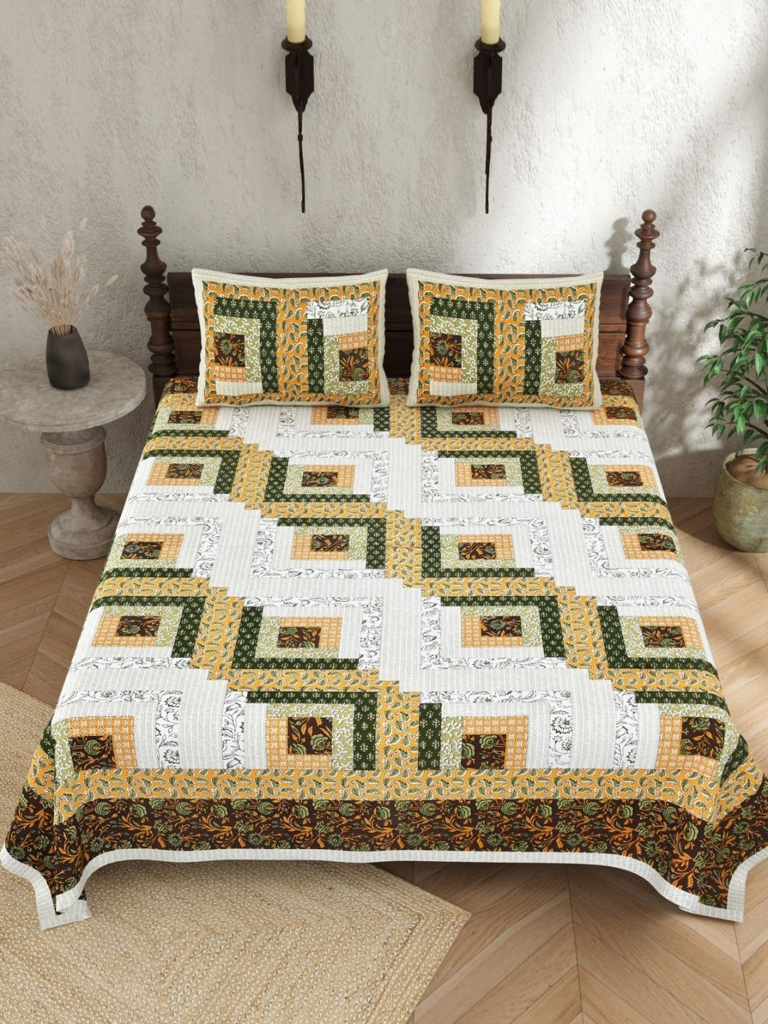 JAIPUR PRIME Rajasthani Printed White Geometric Pure Cotton 210 TC King Superfine Bedsheet with 2 Pillow Covers-108 x 90 inches