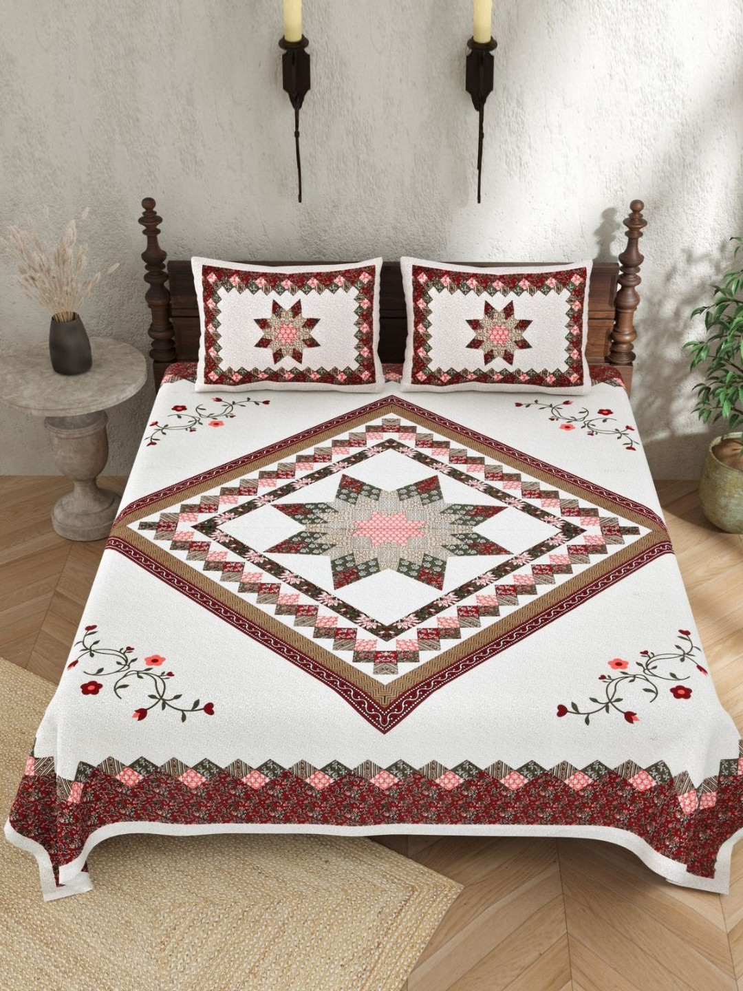 JAIPUR PRIME White Floral Pure Cotton 210 TC King Superfine Bedsheet with 2 Pillow Covers-274 x 228 cm