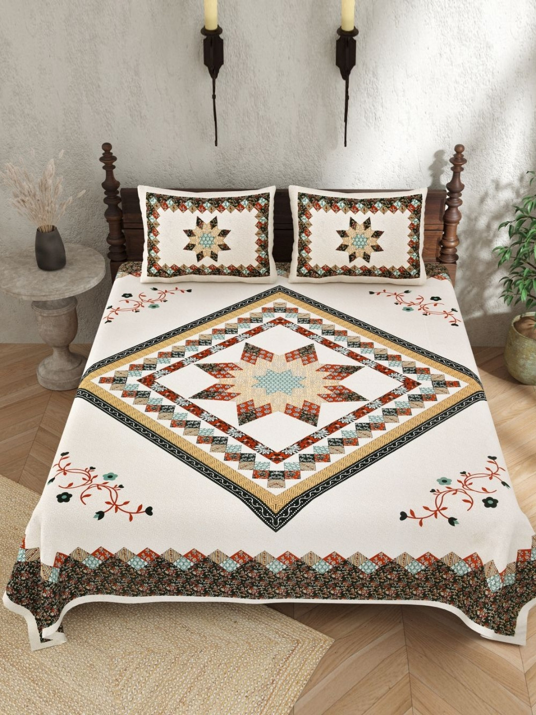 JAIPUR PRIME Rajasthani Printed White Floral Cotton 210 TC King Superfine Bedsheet with 2 Pillow Covers-108 x 90 inches