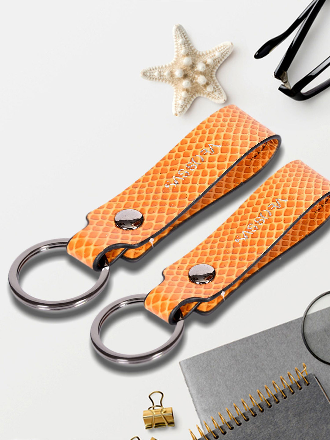 Sassora Set Of 2 Yellow Printed Leather Key Chains