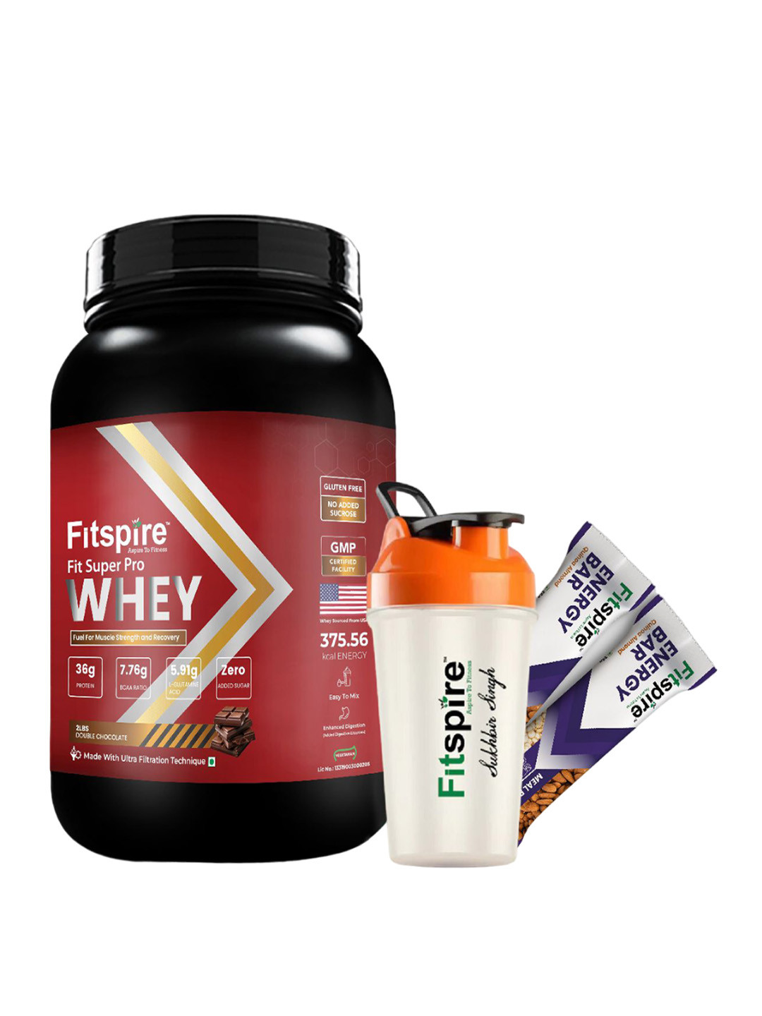 FITSPIRE Fit Super Pro Whey Proteins Double Chocolate 2lbs With Shaker & 2 Energy Bars