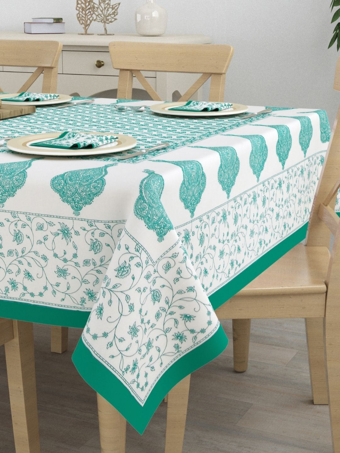 The Craft Monk White & Green Floral Printed Pure Cotton 6-Seater Table Cover With Napkins
