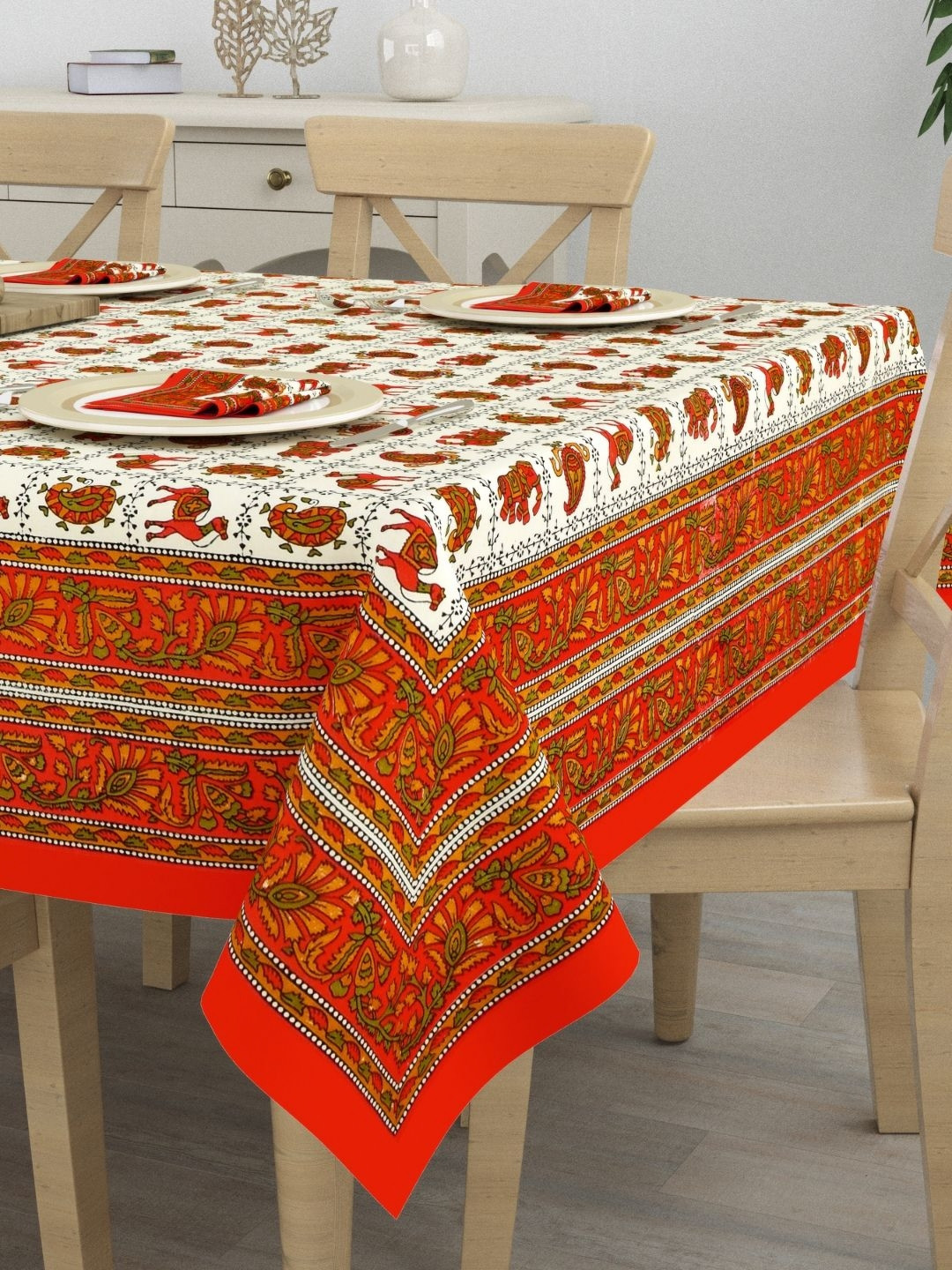 The Craft Monk Orange & Beige Ethnic Motifs Printed Cotton 6-Seater Table Cover & Napkins