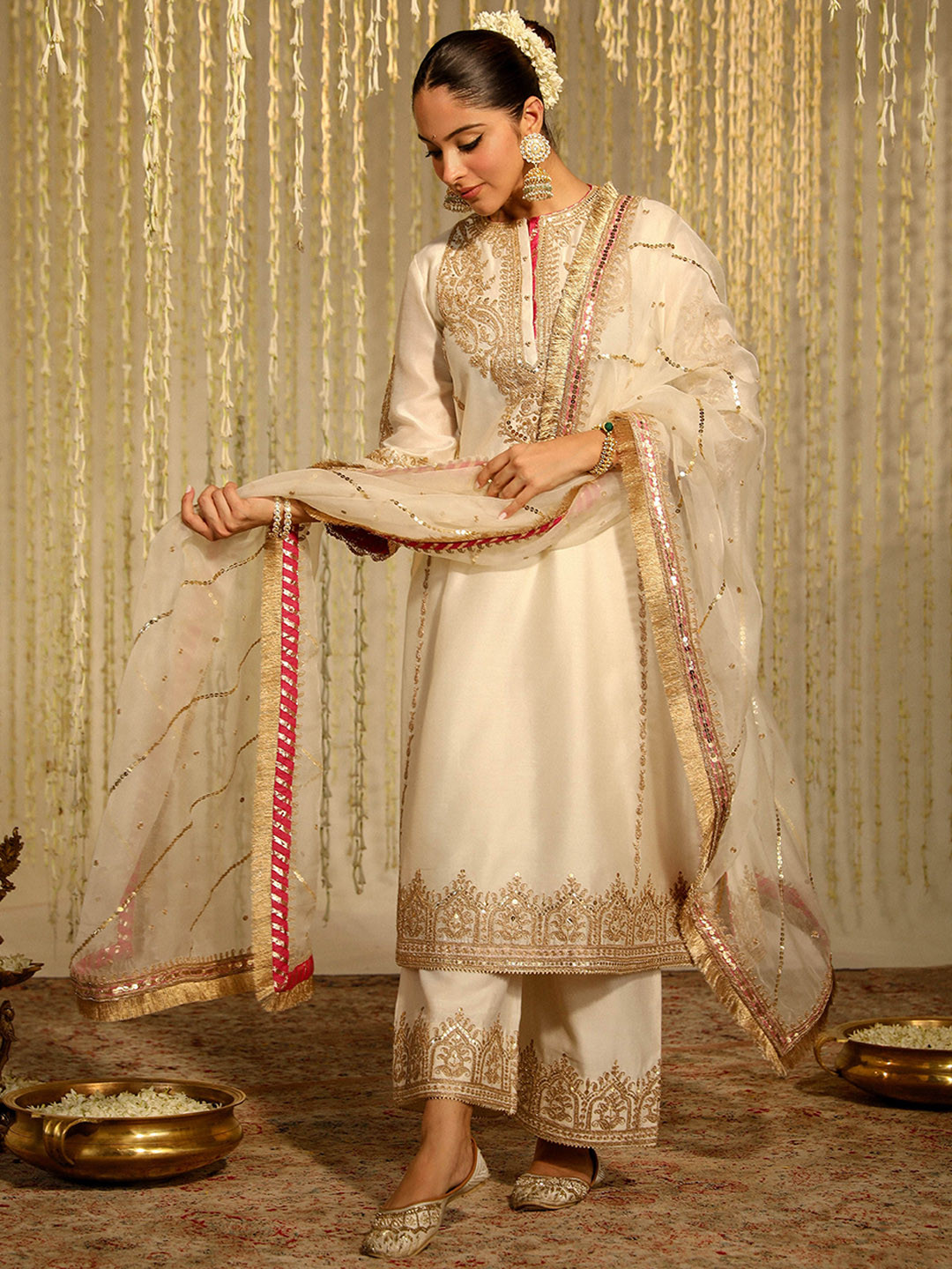 SHEETAL BATRA Embroidered Regular Pure Silk Kurta with Palazzos & With Dupatta