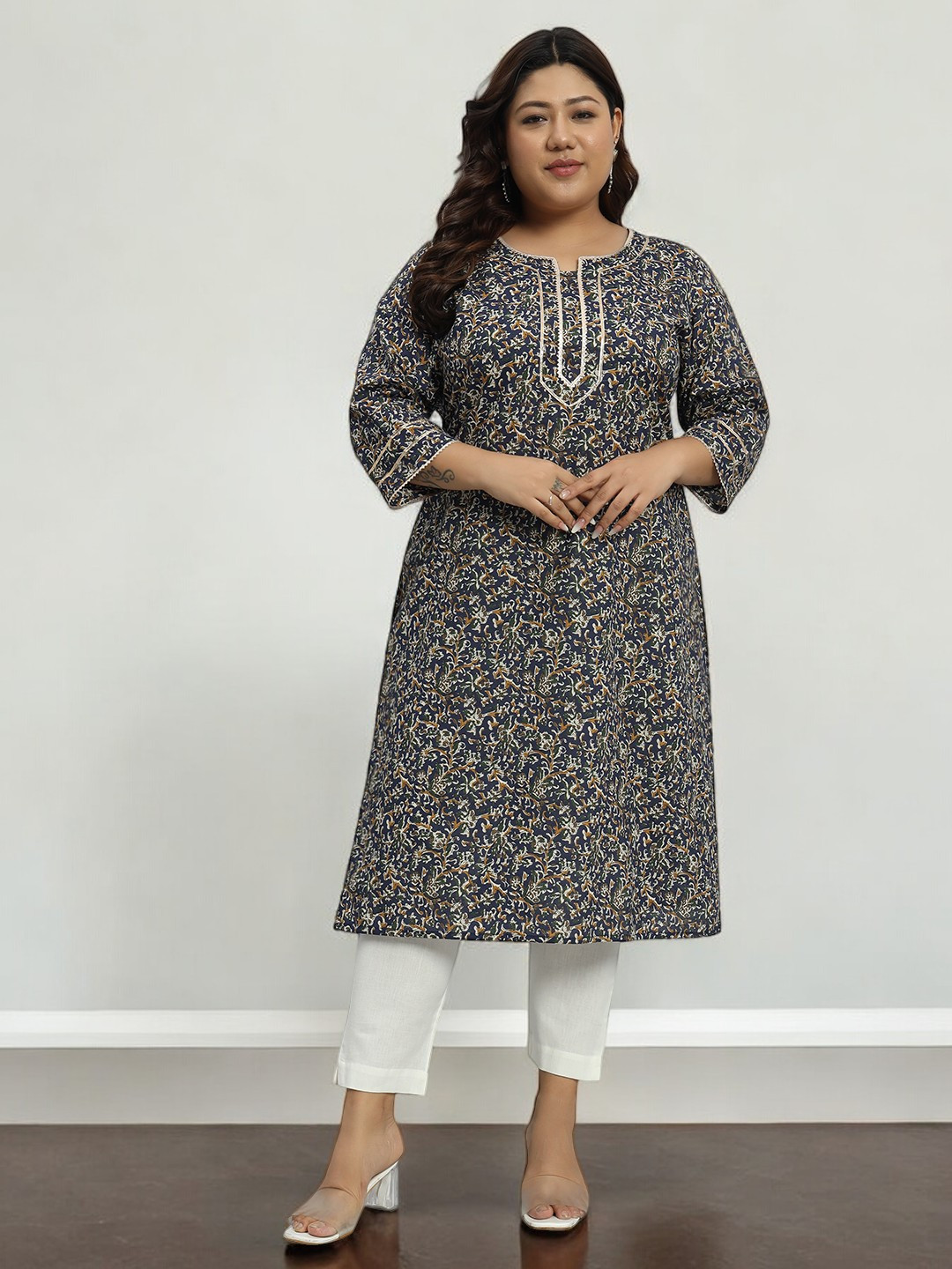 Azira Plus Size Floral Printed Round Neck Gotta Patti Pure Cotton Straight Kurta