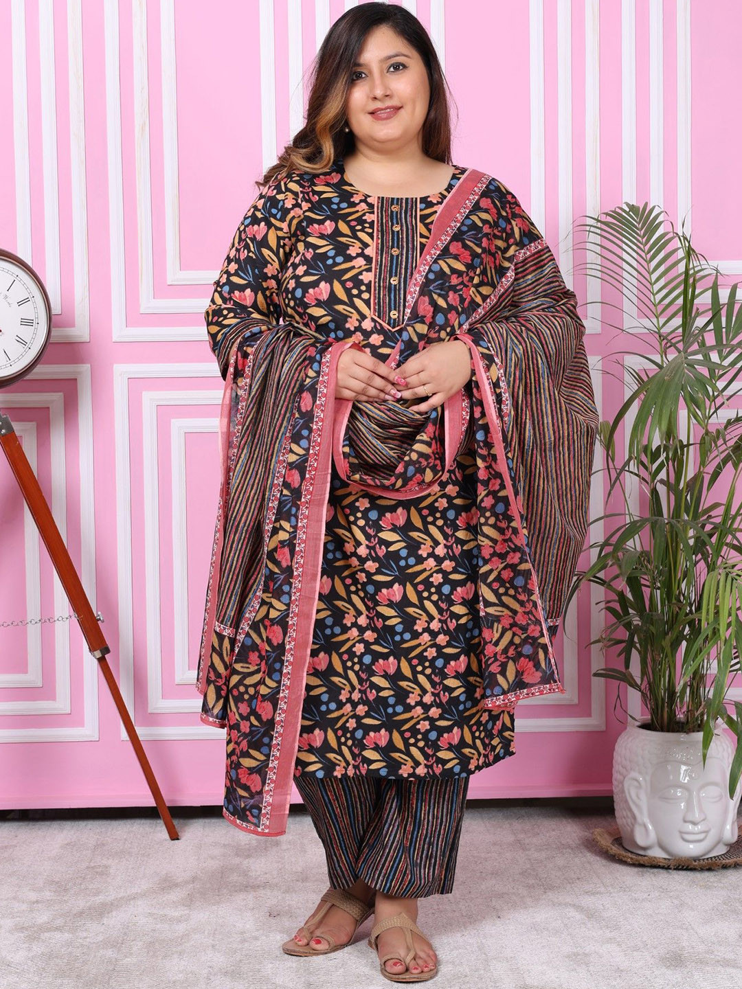 Swasti Plus Size Floral Printed Pure Cotton Straight Kurta with Palazzos & With Dupatta