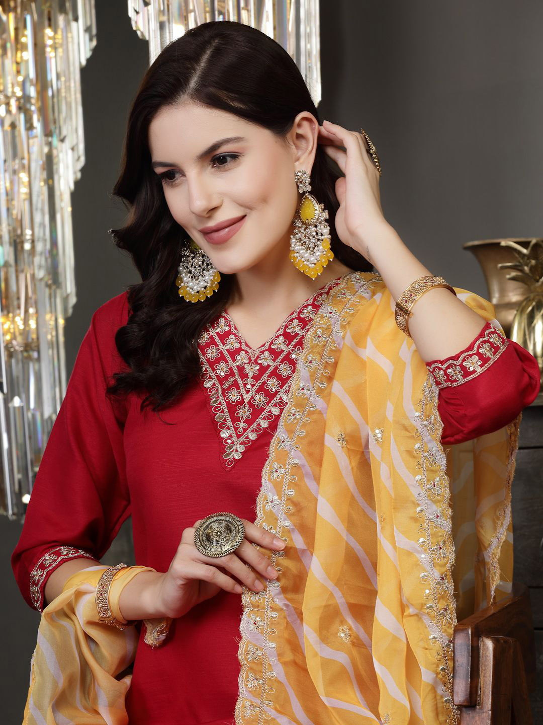 Stylum Red Floral Yoke Design Regular Straight Kurta with Trousers & With Dupatta