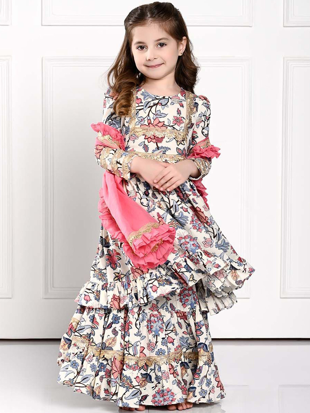 THE PONY & PEONY CO. Girls Floral Embroidered Regular Kurta with Skirt