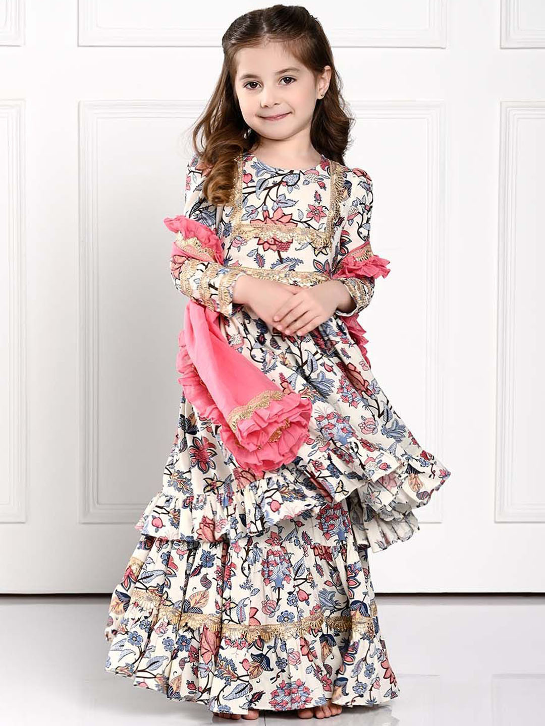 THE PONY & PEONY CO. Girls Printed Thread Work Anarkali Kurta With Sharara & Dupatta