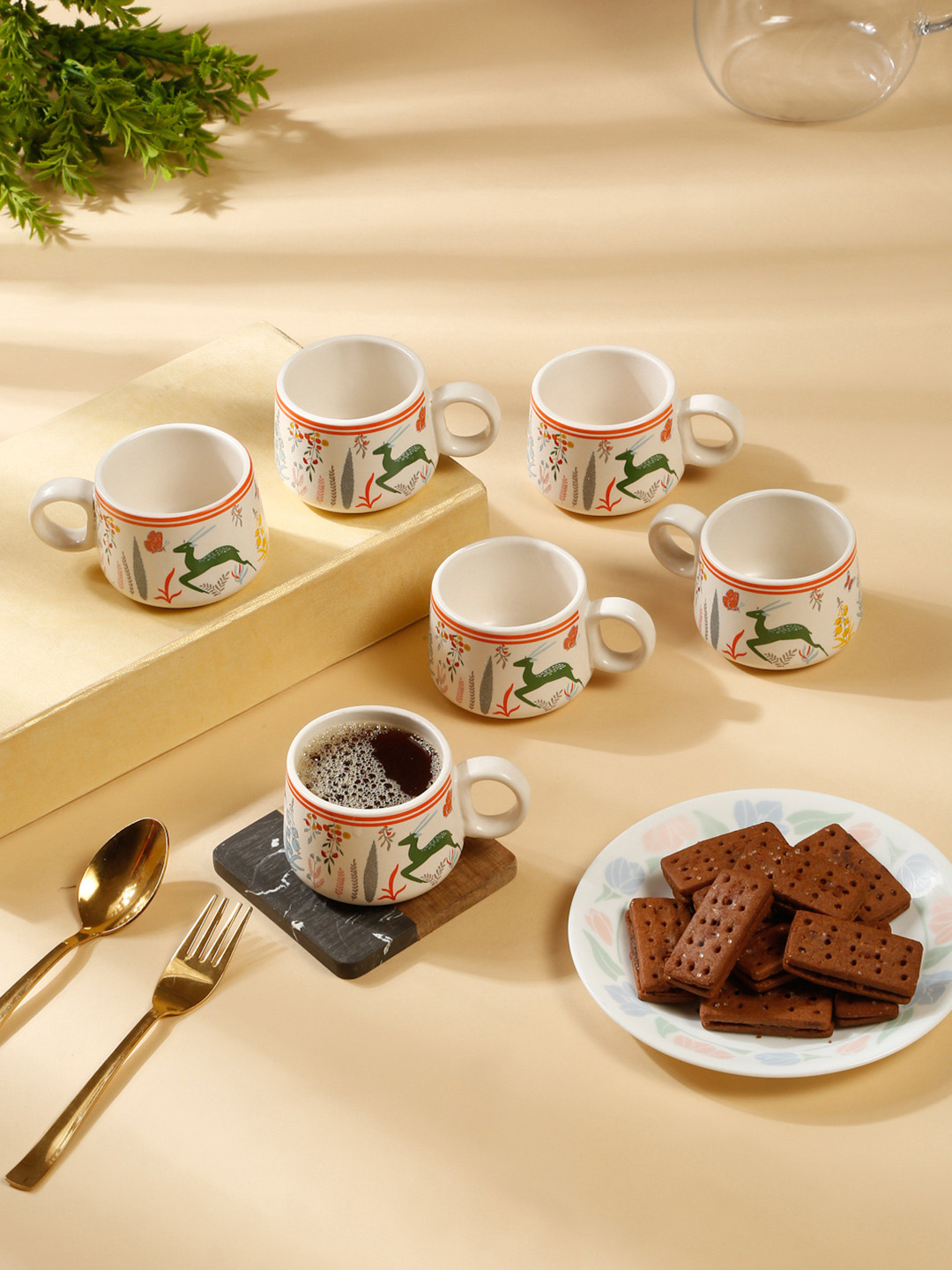 Arrabi Gold Design White Animal Print Ceramic Handmade 6 Piece Cups-120ml