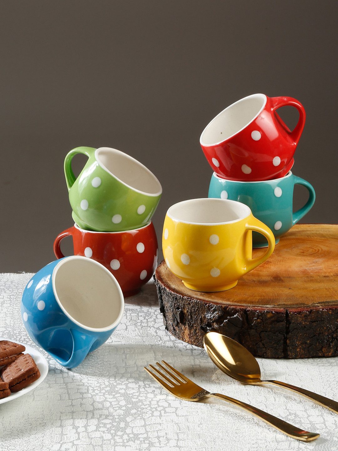 Arrabi Blue Polka Dots Ceramic Handcrafted 6 Piece Cups-325ml