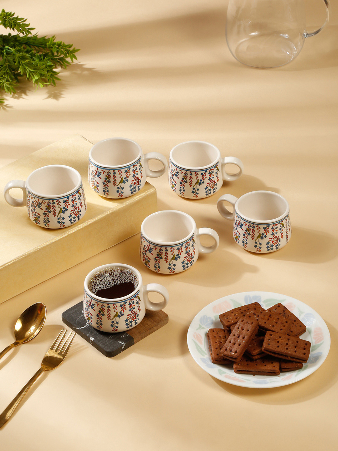 Arrabi Cats and Pumpkins White Floral Ceramic Handcrafted 6 Piece Cup-120ml