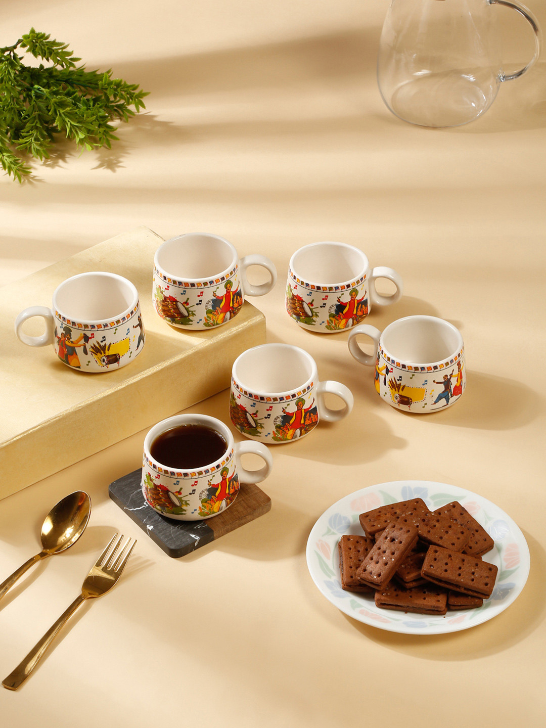 Arrabi White Ethnic Motifs Ceramic Handmade 6 Piece Cups-120ml