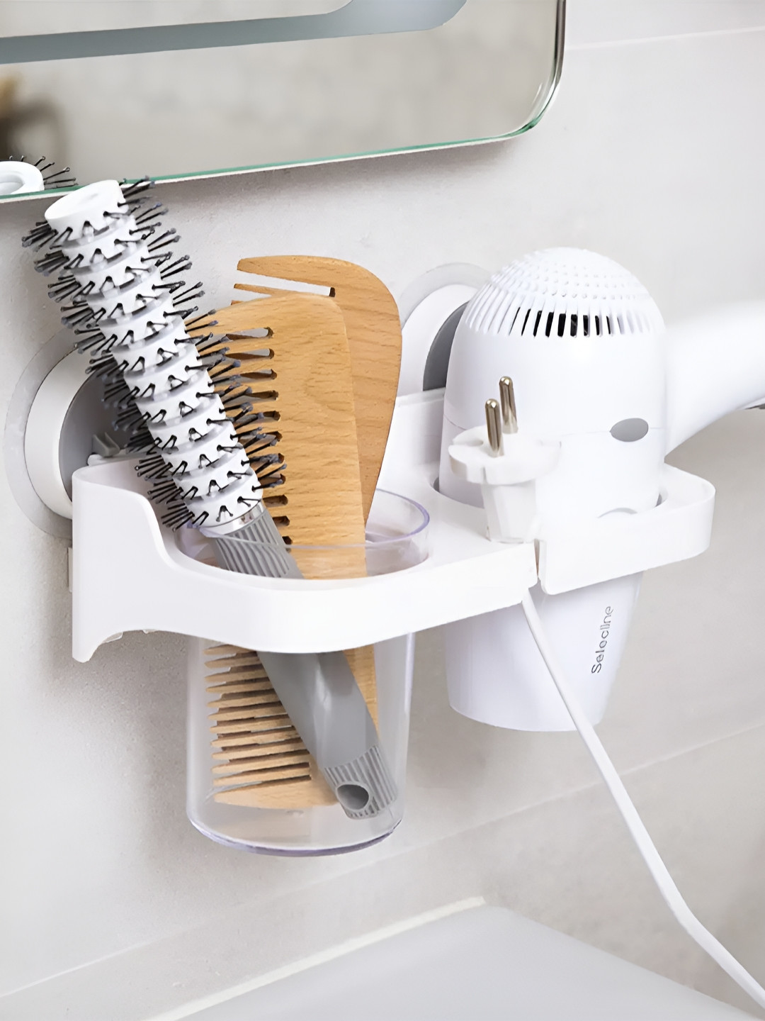 Kuber Industries White Hair Dryer Shelves Bath Accessories Set