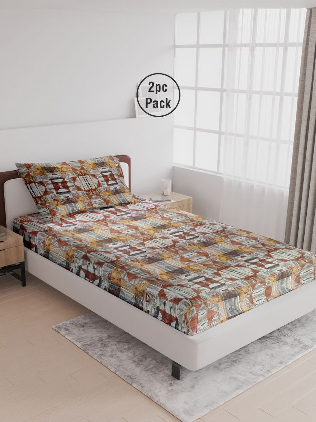 LABHAM Brown & Black 180 TC 2 Single Bedsheet with 2 Pillow Covers