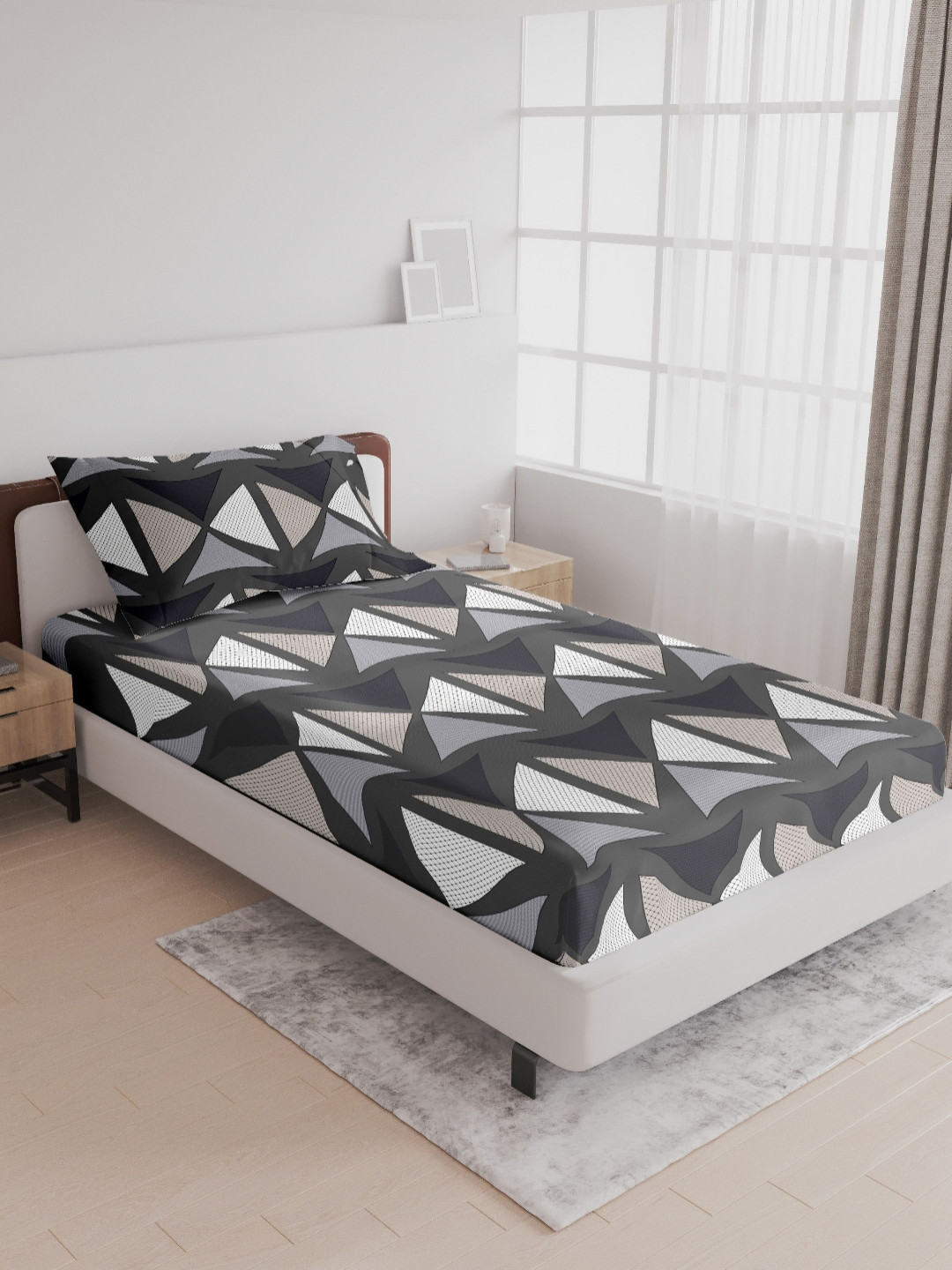 LABHAM Crystal Grey Geometric Microfiber 180 TC Single Fine Bedsheet with a Pillow Cover-59 x 88 inches