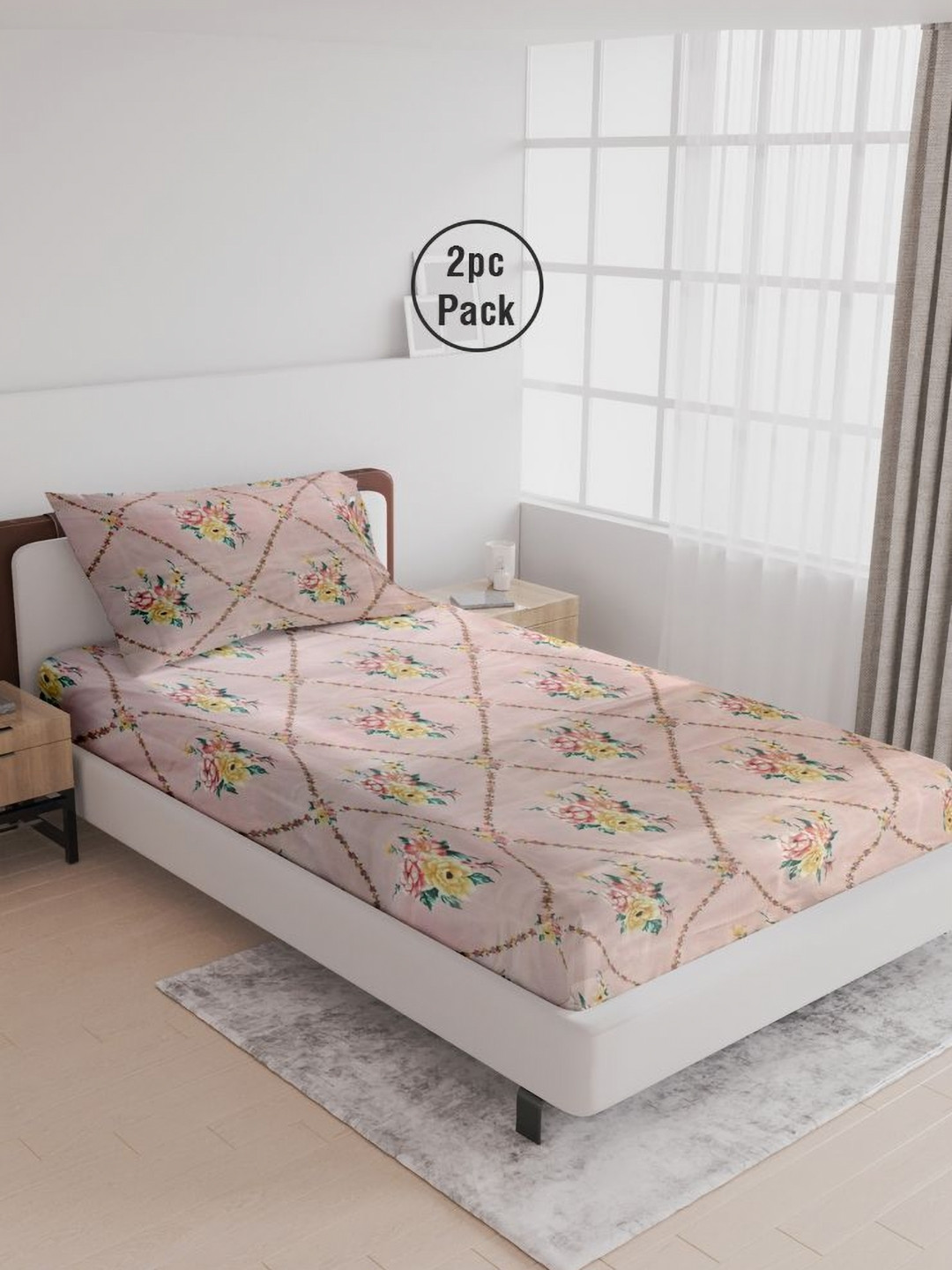 LABHAM Crystal Pink Floral Microfiber 180 TC Single Fine 2 Bedsheet with 2 Pillow Covers-59 x 88 inches