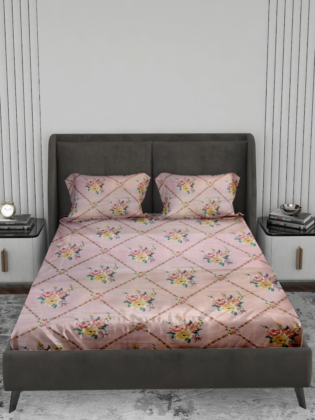 LABHAM Crystal Pink Floral Microfiber 180 TC King Fine Bedsheet with 2 Pillow Covers-88 x 100 inches