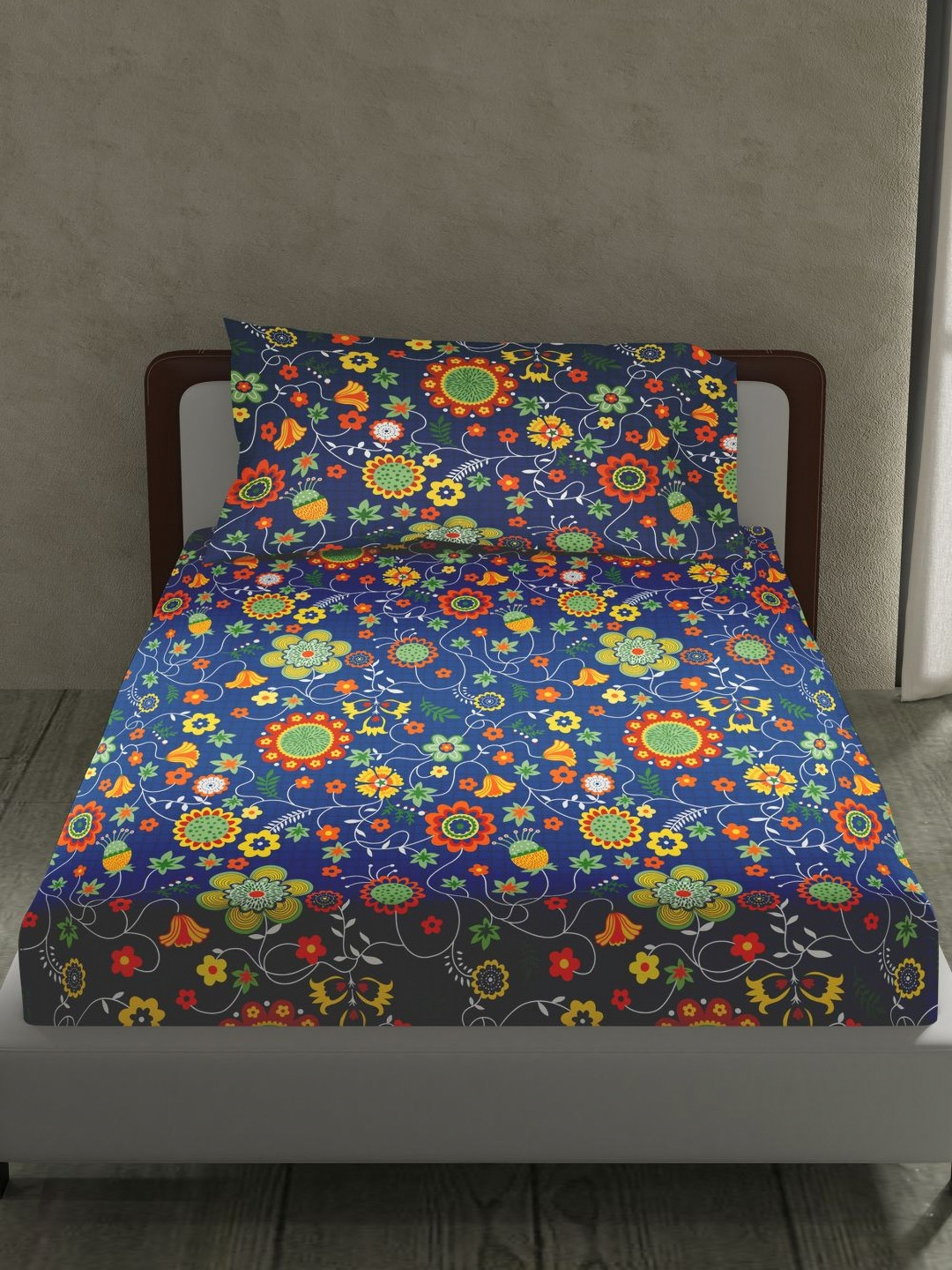 LABHAM Navy Blue Floral Microfiber 180 TC Single Fine Bedsheet with a Pillow Cover-59 x 88 inches