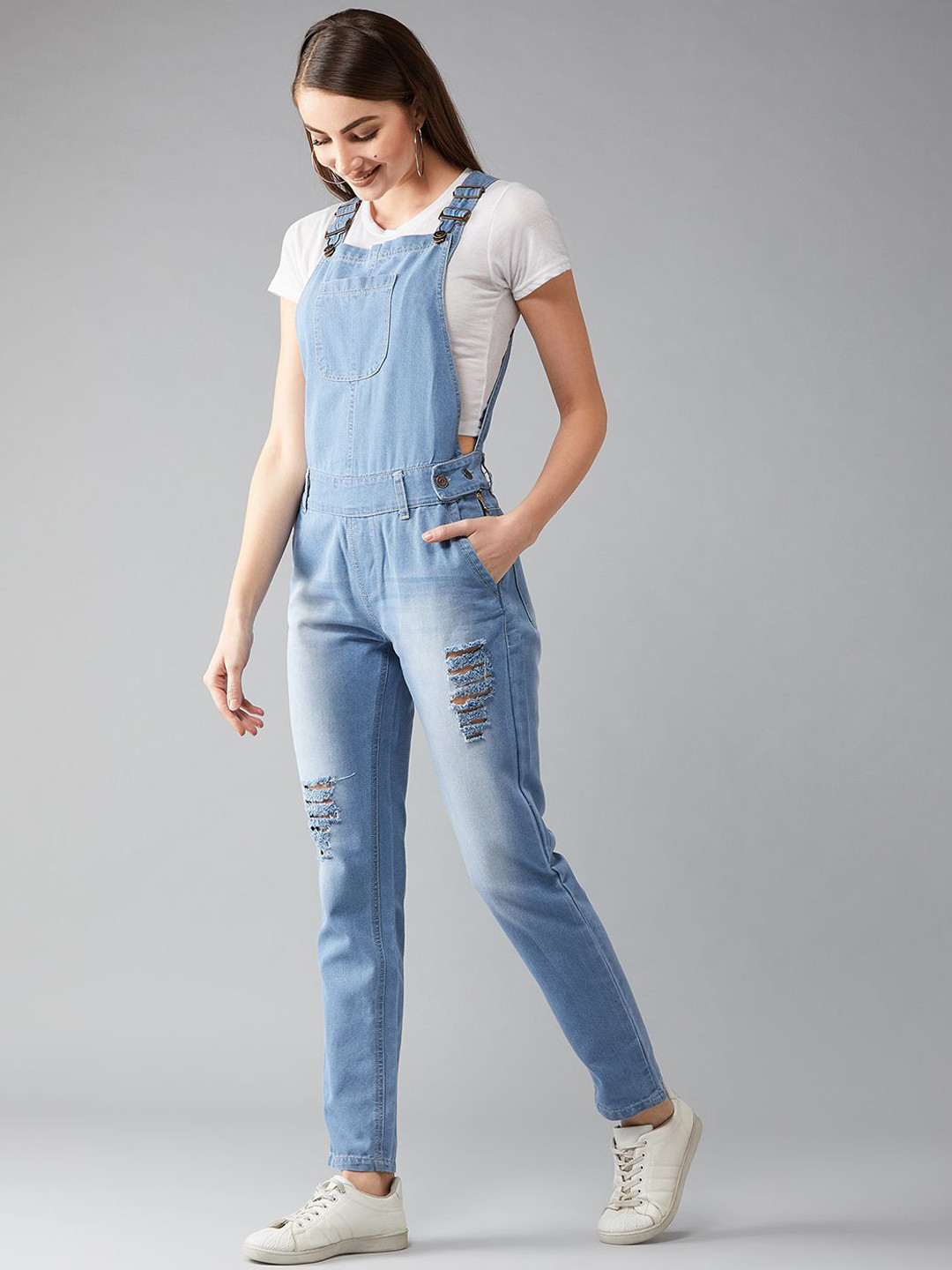 DOLCE CRUDO Regular Fit Mid Rise Regular Length Ripped Denim Dungaree