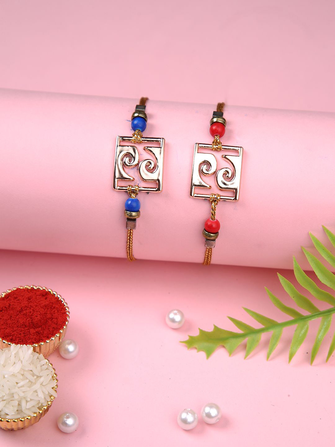 Aapno Rajasthan Set Of 2 Square Thread Rakhi With Roli Chawal & Greeting Card