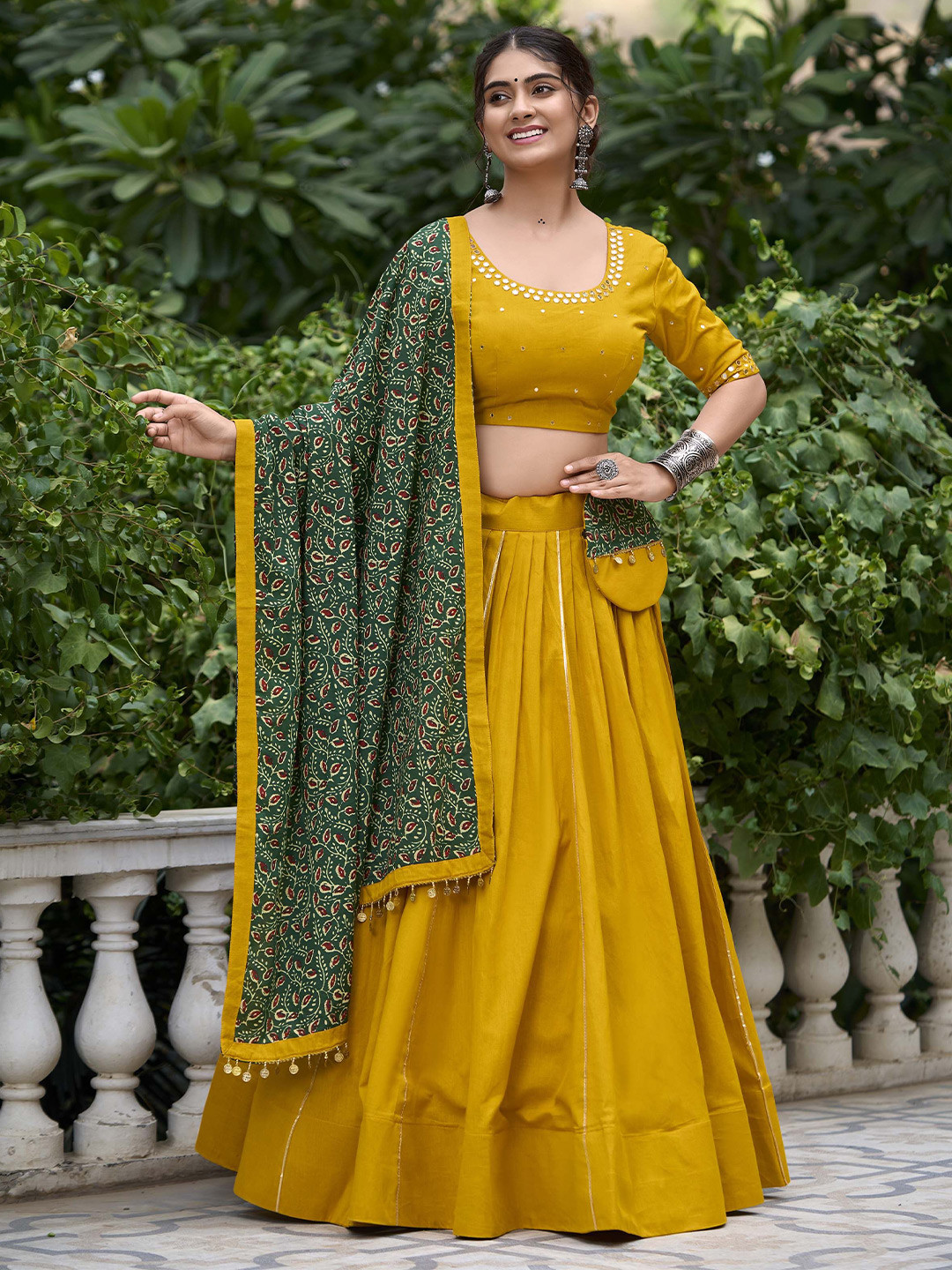 LOOKNBOOK ART Embroidered Mirror Work Cotton Ready to Wear Lehenga Choli