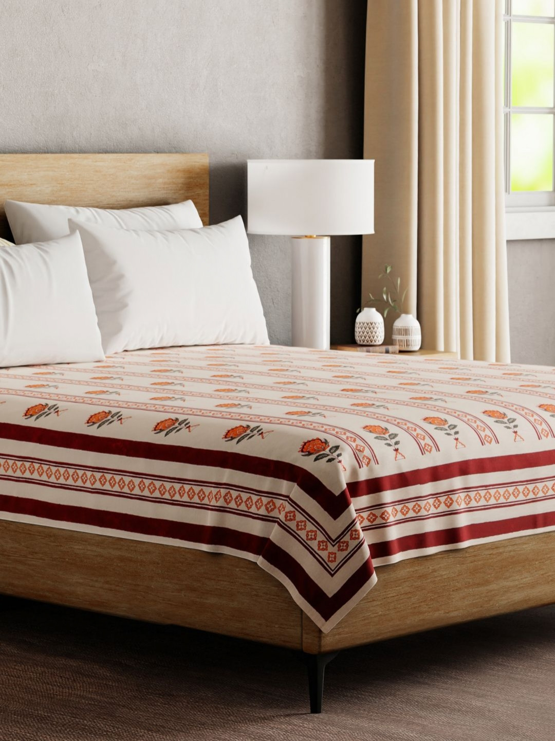 Eyaas Orange-Coloured & Maroon Printed Pure Cotton Bed Covers