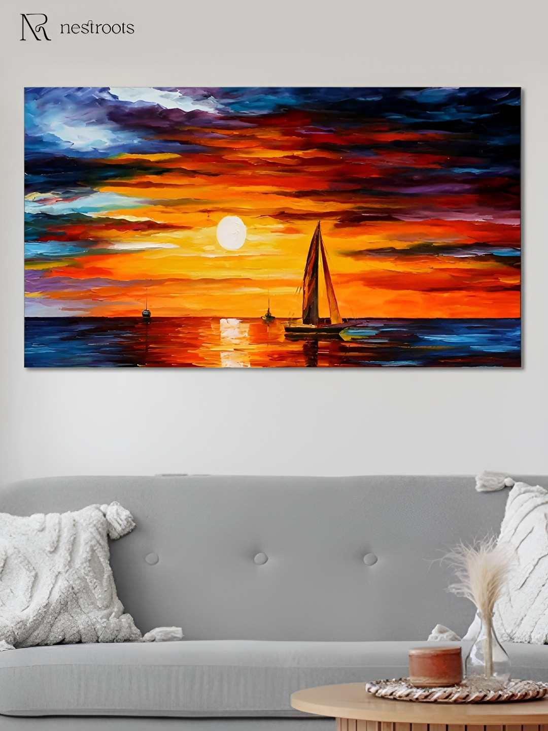 nestroots Blue & Orange Sailboat Sunset Serenity Canvas Painting Wall Art