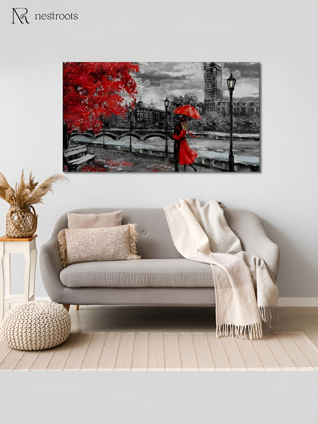 nestroots Grey & Red Umbrella Scene Canvas Painting Wall Art