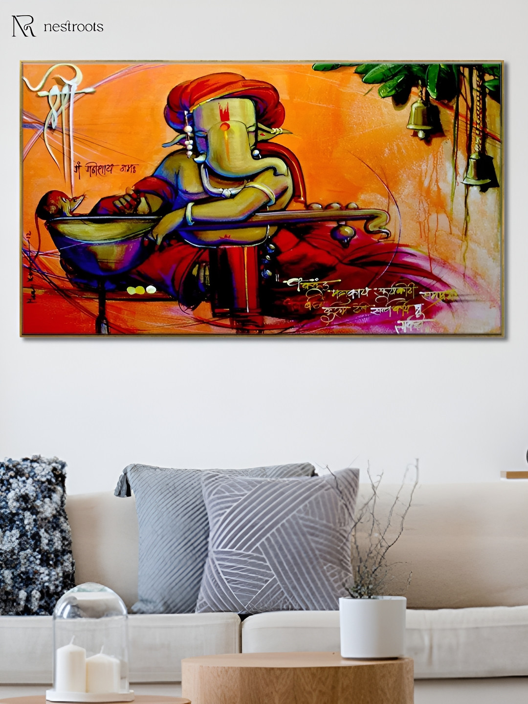 nestroots Orange & Green Lord Ganesha Canvas Framed Painting Wall Art
