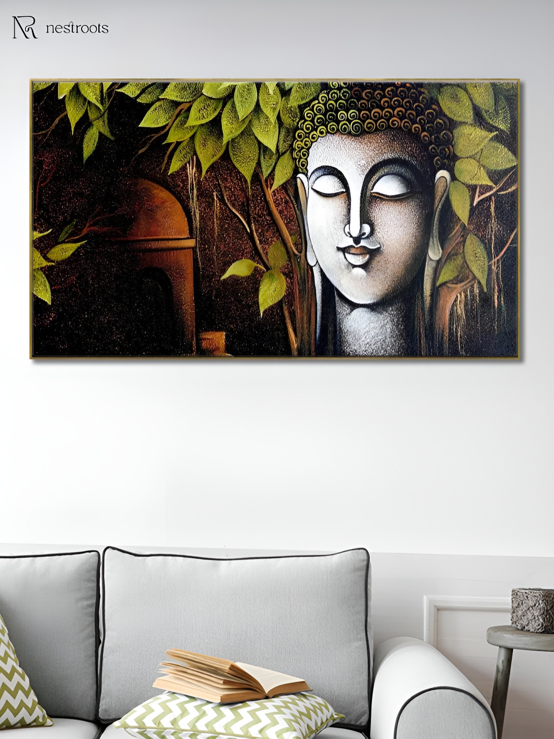 nestroots Green & Black Tranquil Buddha Canvas Framed Painting Wall Art