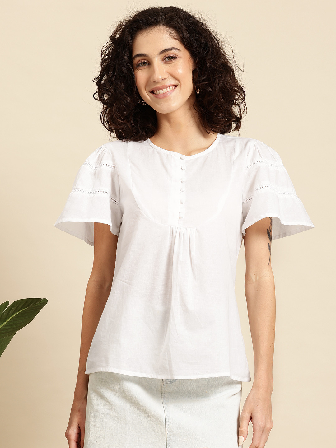 Mast & Harbour Flared Sleeves Pleated Crochet Inserts Cotton Top