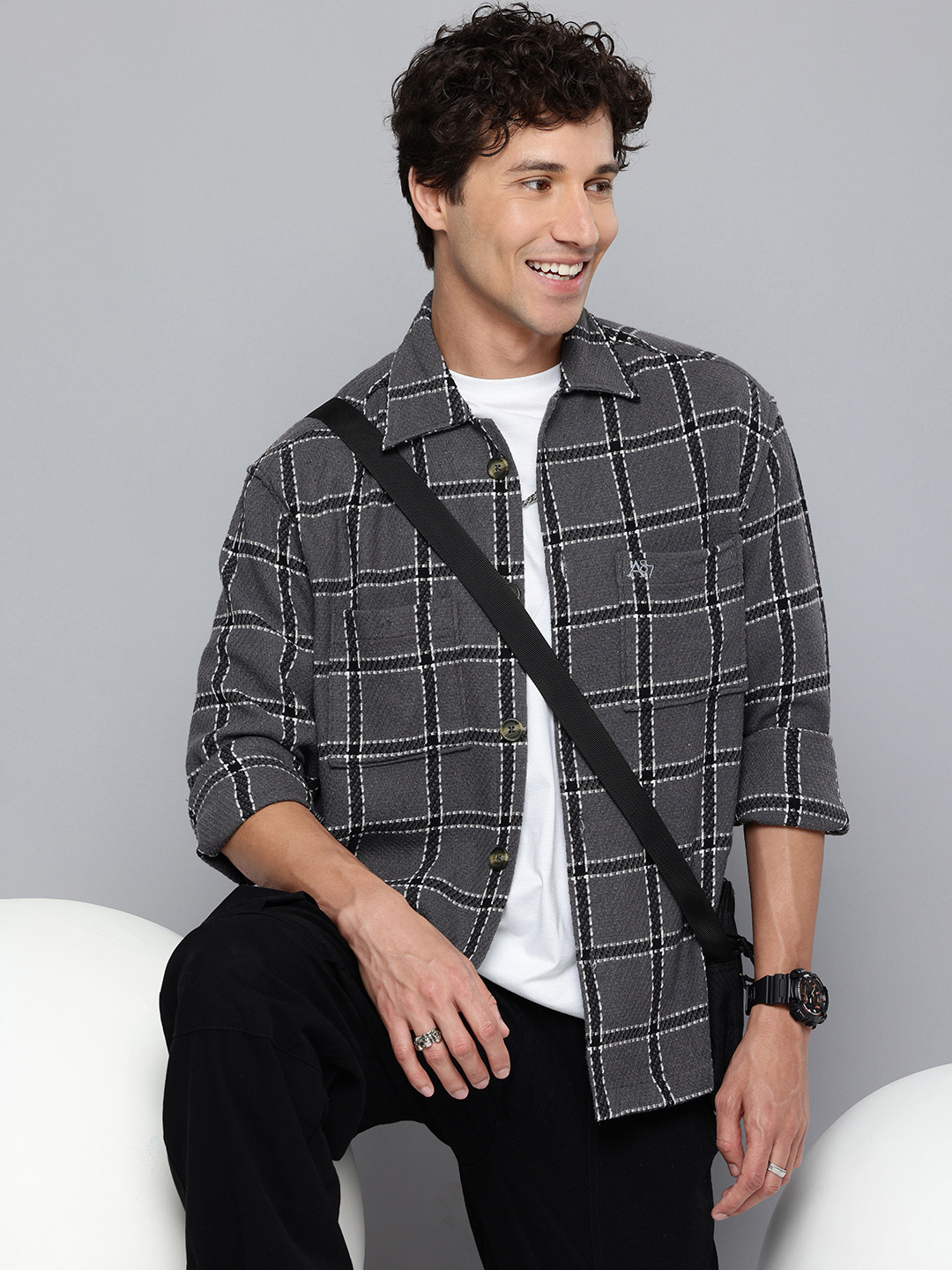 Aeropostale Relaxed Fit Self Checked Drop-Shoulder Sleeves Casual Shirt