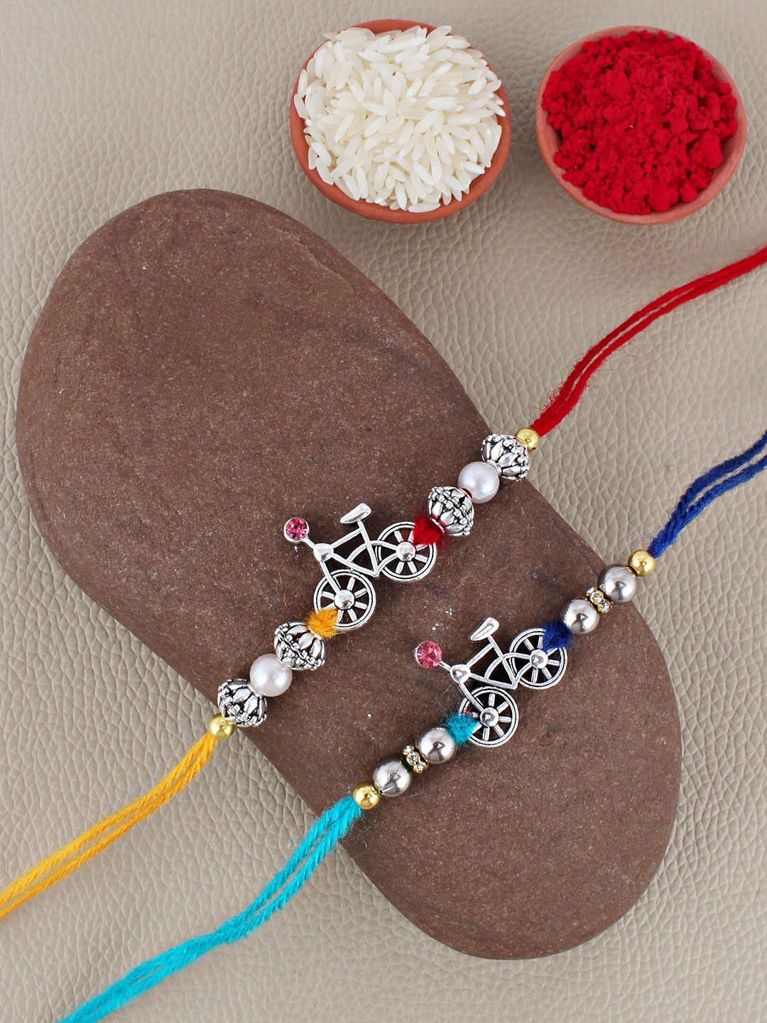 LUCKY JEWELLERY Set Of 2 Oxidised German Silver Rakhis with Roli Chawal & Greeting Card