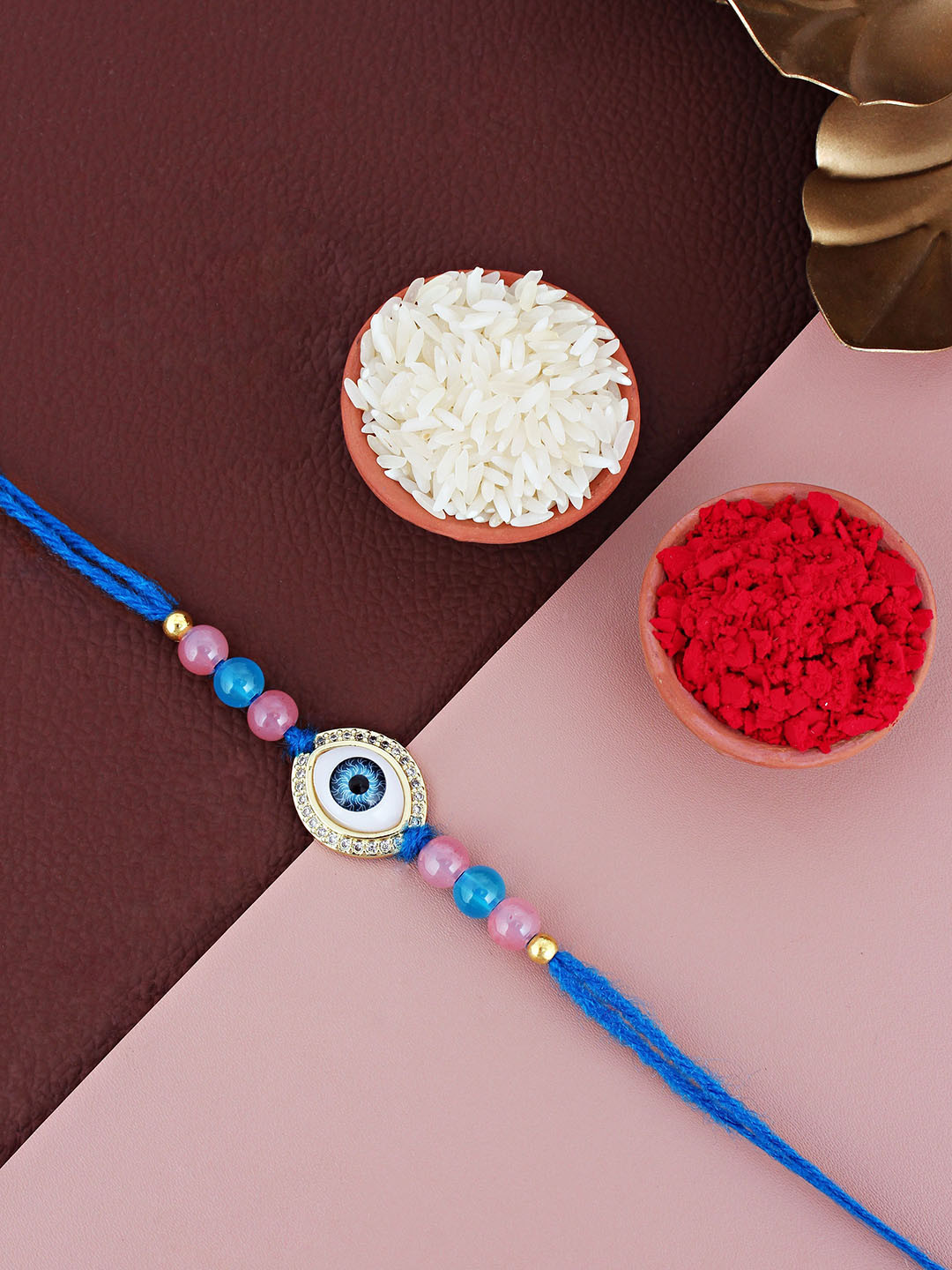 LUCKY JEWELLERY Evil Eye Stone Studded & Beaded Thread Rakhi WIth Roli Chawal