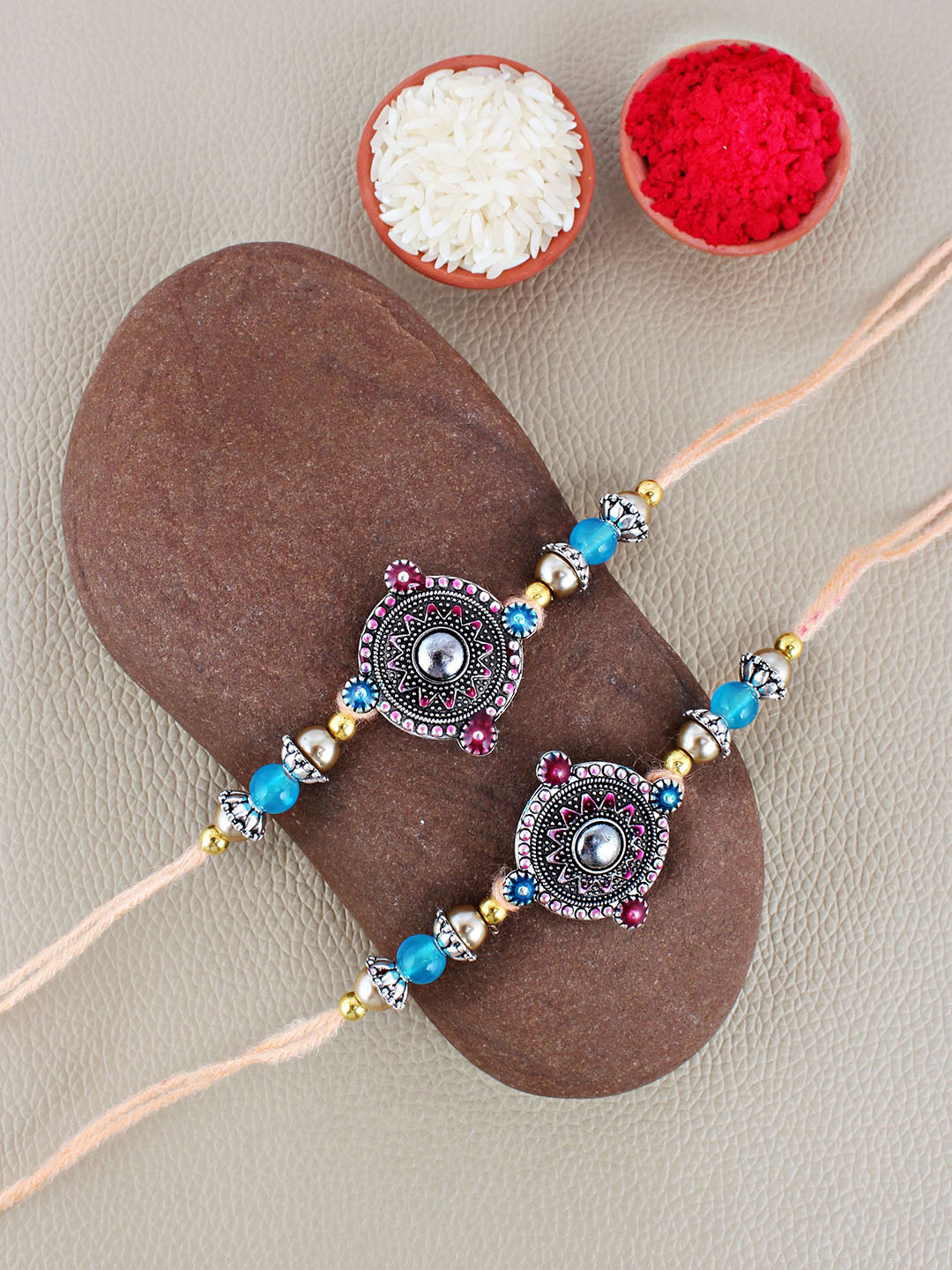 LUCKY JEWELLERY Beaded Oxidised German Silver Thread Rakhi With Roli Chawal