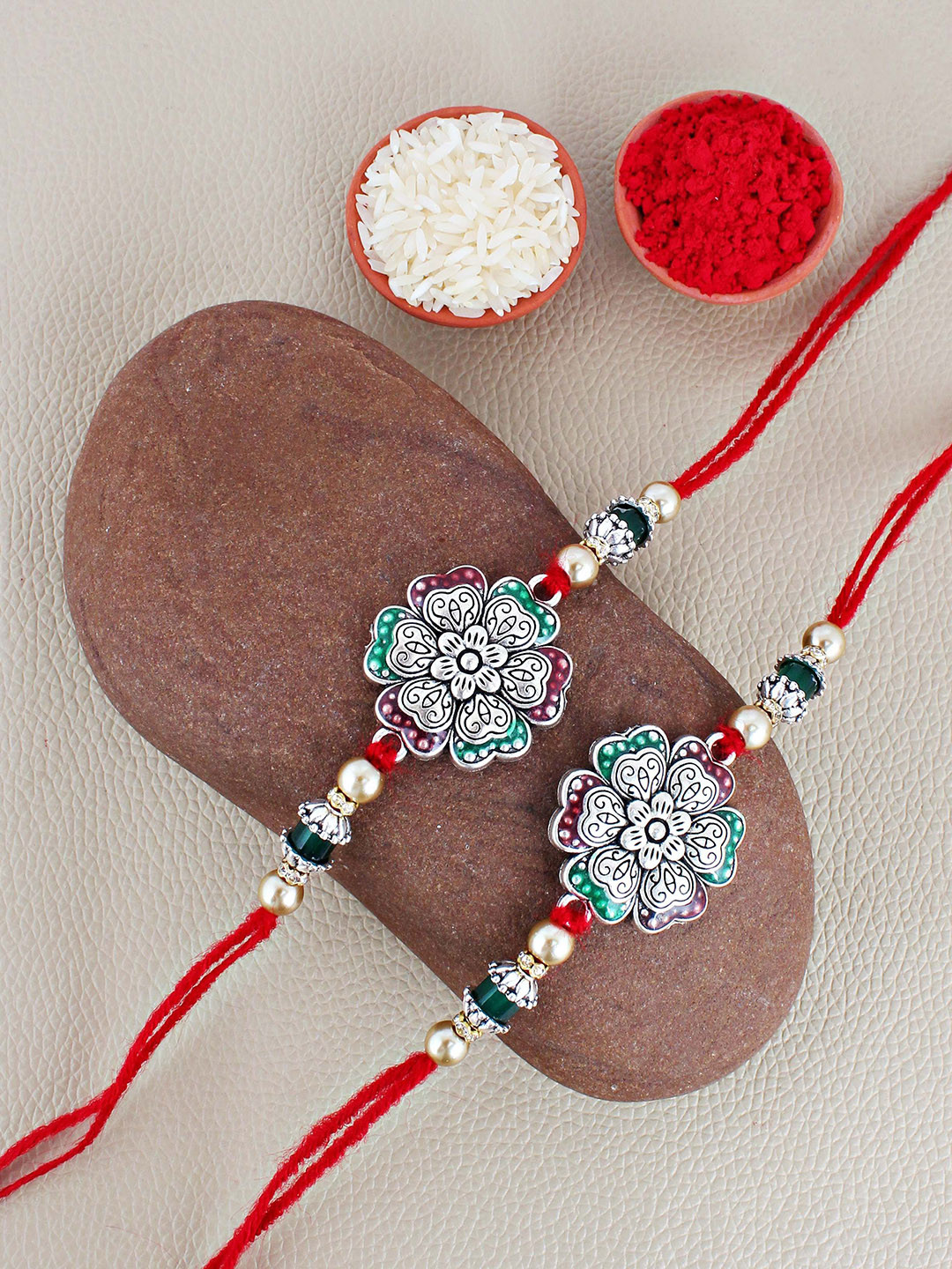 LUCKY JEWELLERY Floral Charm Oxidised German Silver Thread Rakhi With Roli Chawal