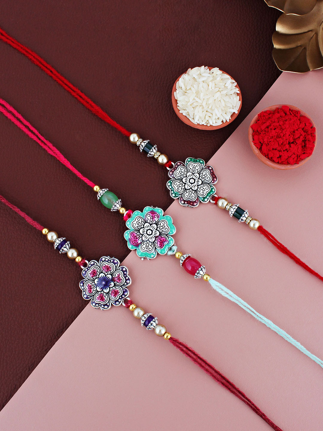 LUCKY JEWELLERY Set Of 3 German Silver Meenakari Rakhis With Roli Chawal & Greeting Card