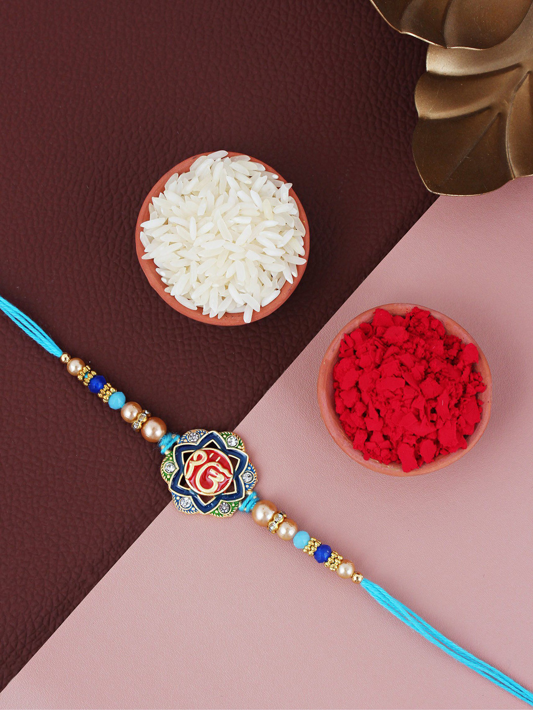 LUCKY JEWELLERY Beaded Ik Onkar Sardar Rakhi with Roli Chawal & Greeting Card