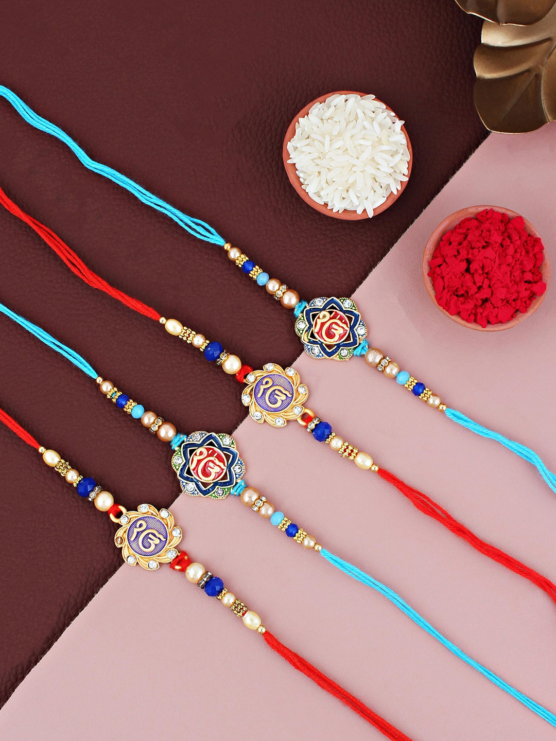 LUCKY JEWELLERY Set Of 4 Meenakari Ik Onkar Sikh Rakhis With Roli Chawal & Greeting Card