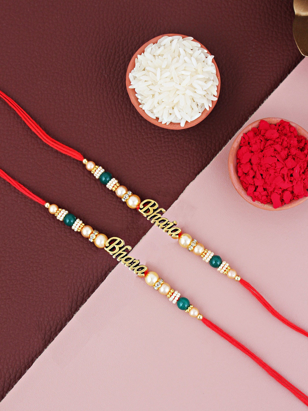LUCKY JEWELLERY Set Of 2 Bhaia Beaded Thread Rakhis With Roli Chawal & Greeting Card