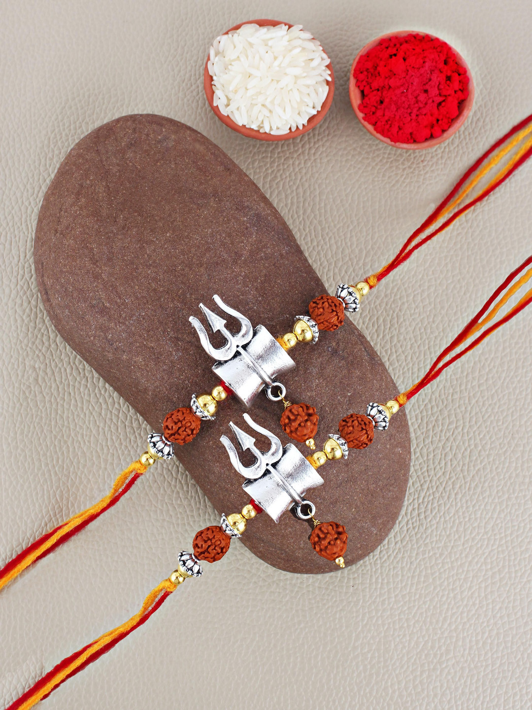 LUCKY JEWELLERY Set Of 2 Oxidised Shiva Rakhis With Roli Chawal & Greeting Card
